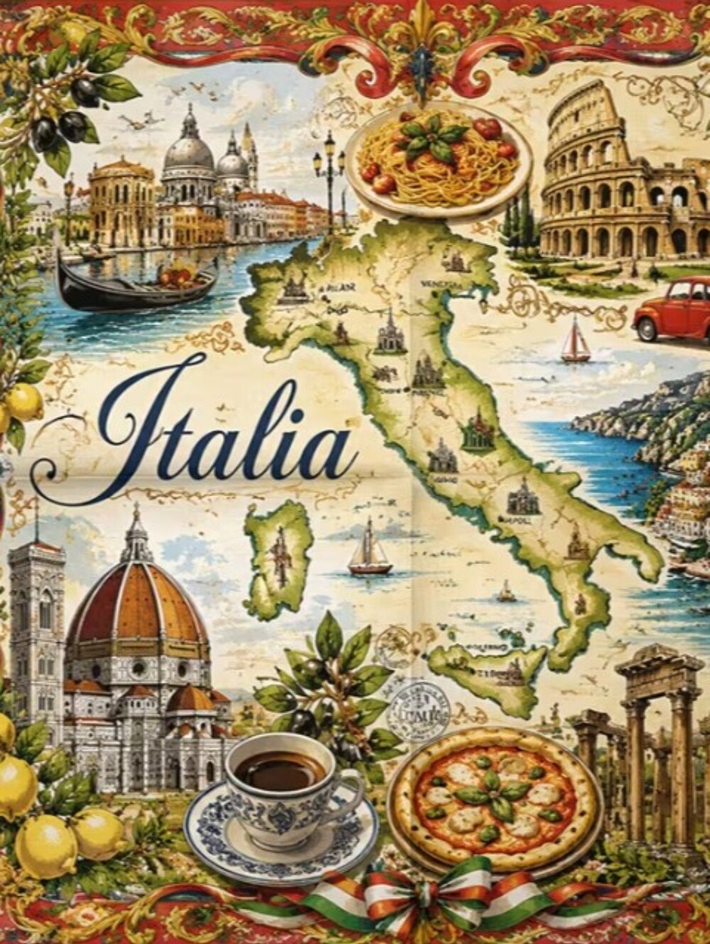 Italia Italy Satin Scarf Summer Vacation Travel Holiday Accessory